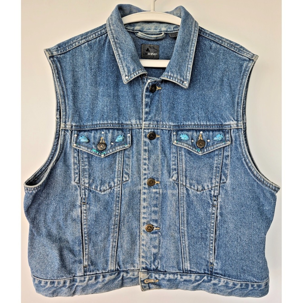 Vtg Liz Wear Denim Trucker Jean Vest Womens Medium Rhinestones Y2K Retro Sz L